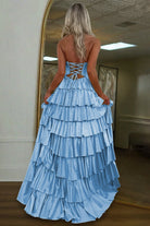 Tahlia | Blue - Strapless A Line Satin Beaded Long Prom Dresses With Ruffles-KissProm