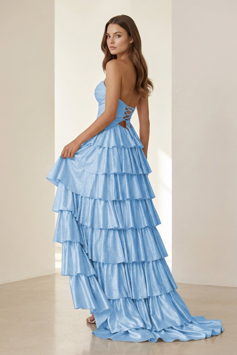 Tahlia | Yellow - Strapless A Line Satin Beaded Long Prom Dresses With Ruffles - KissProm