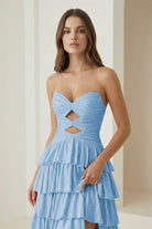 Tahlia | Blue - Strapless A Line Satin Beaded Long Prom Dresses With Ruffles-KissProm