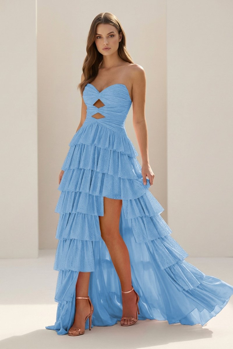 Tahlia | Yellow - Strapless A Line Satin Beaded Long Prom Dresses With Ruffles - KissProm