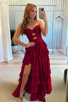 Tahlia | Burgundy - Strapless A Line Satin Beaded Long Prom Dresses With Ruffles-KissProm