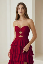 Tahlia | Burgundy - Strapless A Line Satin Beaded Long Prom Dresses With Ruffles-KissProm