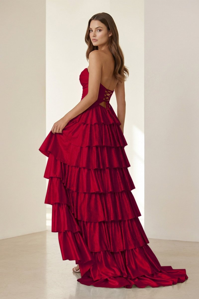 Tahlia | Yellow - Strapless A Line Satin Beaded Long Prom Dresses With Ruffles - KissProm