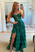 Tahlia | Dark Green - Strapless A Line Satin Beaded Long Prom Dresses With Ruffles-KissProm