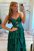 Tahlia | Dark Green - Strapless A Line Satin Beaded Long Prom Dresses With Ruffles-KissProm