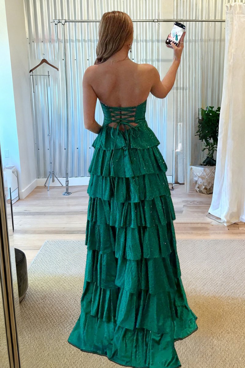 Tahlia | Dark Green - Strapless A Line Satin Beaded Long Prom Dresses With Ruffles-KissProm