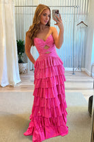 Tahlia | Fuchsia - Strapless A Line Satin Beaded Long Prom Dresses With Ruffles-KissProm