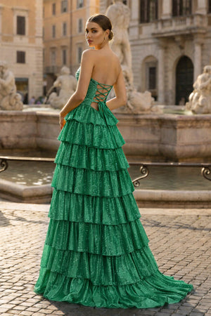 KissProm-Green Strapless A Line Satin Beaded Long Prom Dresses With Ruffles