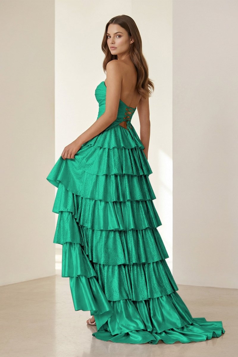 Tahlia | Green - Strapless A Line Satin Beaded Long Prom Dresses With Ruffles-KissProm