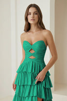 Tahlia | Green - Strapless A Line Satin Beaded Long Prom Dresses With Ruffles-KissProm