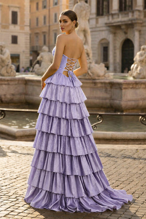 KissProm-Lavender Strapless A Line Satin Beaded Long Prom Dresses With Ruffles