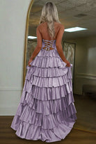 Tahlia | Lavender - Strapless A Line Satin Beaded Long Prom Dresses With Ruffles-KissProm