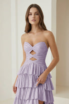 Tahlia | Lavender - Strapless A Line Satin Beaded Long Prom Dresses With Ruffles-KissProm