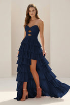 Tahlia | Navy Blue - Strapless A Line Satin Beaded Long Prom Dresses With Ruffles-KissProm