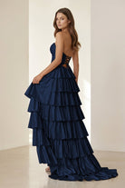 Tahlia | Navy Blue - Strapless A Line Satin Beaded Long Prom Dresses With Ruffles-KissProm