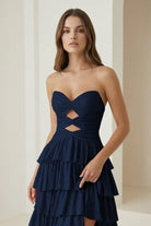 Tahlia | Navy Blue - Strapless A Line Satin Beaded Long Prom Dresses With Ruffles-KissProm