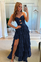 Tahlia | Navy Blue - Strapless A Line Satin Beaded Long Prom Dresses With Ruffles-KissProm