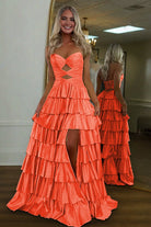 Tahlia | Orange - Strapless A Line Satin Beaded Long Prom Dresses With Ruffles-KissProm