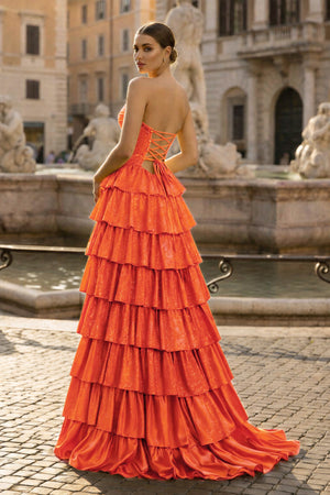KissProm-Orange Strapless A Line Satin Beaded Long Prom Dresses With Ruffles