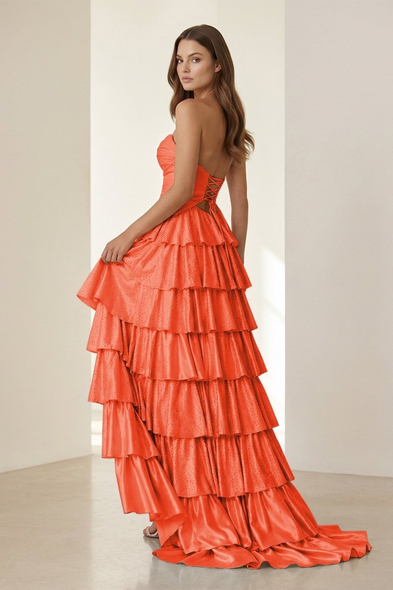 Tahlia | Yellow - Strapless A Line Satin Beaded Long Prom Dresses With Ruffles - KissProm