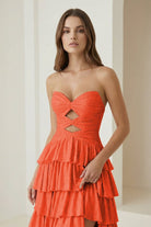 Tahlia | Orange - Strapless A Line Satin Beaded Long Prom Dresses With Ruffles-KissProm