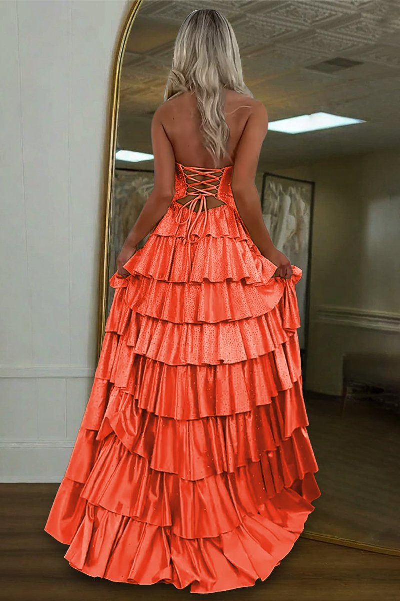 Tahlia | Yellow - Strapless A Line Satin Beaded Long Prom Dresses With Ruffles - KissProm