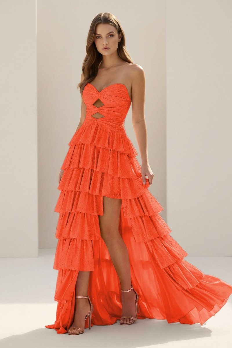 Tahlia | Yellow - Strapless A Line Satin Beaded Long Prom Dresses With Ruffles - KissProm