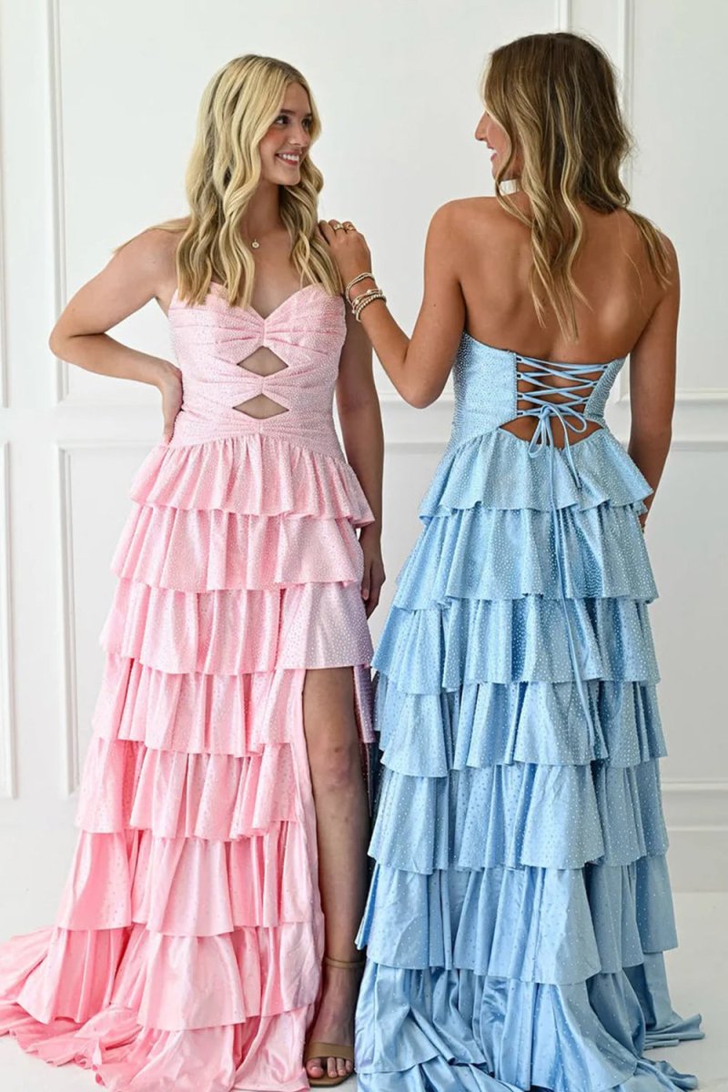 Tahlia | Pink - Strapless A Line Satin Beaded Long Prom Dresses With Ruffles - KissProm