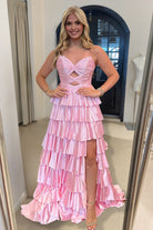 Tahlia | Pink - Strapless A Line Satin Beaded Long Prom Dresses With Ruffles - KissProm