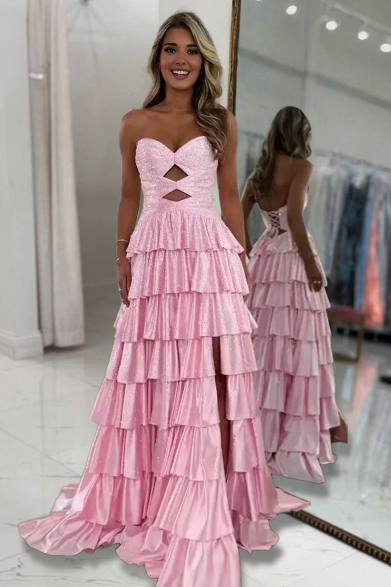 Tahlia | Pink - Strapless A Line Satin Beaded Long Prom Dresses With Ruffles - KissProm