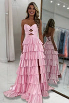 Tahlia | Pink - Strapless A Line Satin Beaded Long Prom Dresses With Ruffles - KissProm
