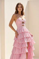 Tahlia | Pink - Strapless A Line Satin Beaded Long Prom Dresses With Ruffles - KissProm