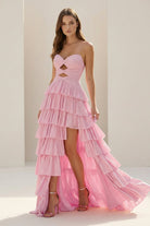 Tahlia | Pink - Strapless A Line Satin Beaded Long Prom Dresses With Ruffles - KissProm