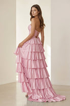 Tahlia | Pink - Strapless A Line Satin Beaded Long Prom Dresses With Ruffles - KissProm