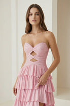 Tahlia | Pink - Strapless A Line Satin Beaded Long Prom Dresses With Ruffles - KissProm