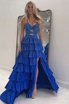 Tahlia | Royal Blue - Strapless A Line Satin Beaded Long Prom Dresses With Ruffles - KissProm
