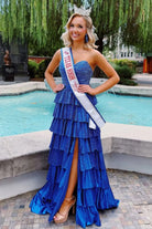 Tahlia | Royal Blue - Strapless A Line Satin Beaded Long Prom Dresses With Ruffles - KissProm