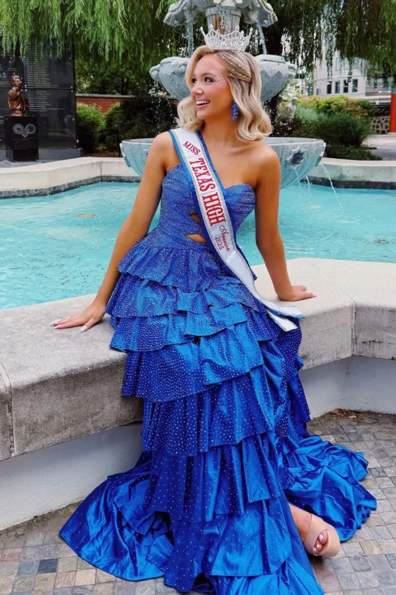 Tahlia | Royal Blue - Strapless A Line Satin Beaded Long Prom Dresses With Ruffles - KissProm