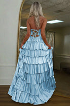 Tahlia | Sky Blue - Strapless A Line Satin Beaded Long Prom Dresses With Ruffles-KissProm