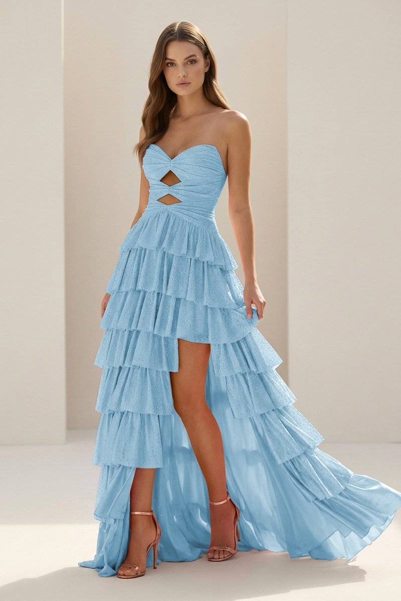 Tahlia | Sky Blue - Strapless A Line Satin Beaded Long Prom Dresses With Ruffles-KissProm