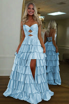 Tahlia | Sky Blue - Strapless A Line Satin Beaded Long Prom Dresses With Ruffles-KissProm