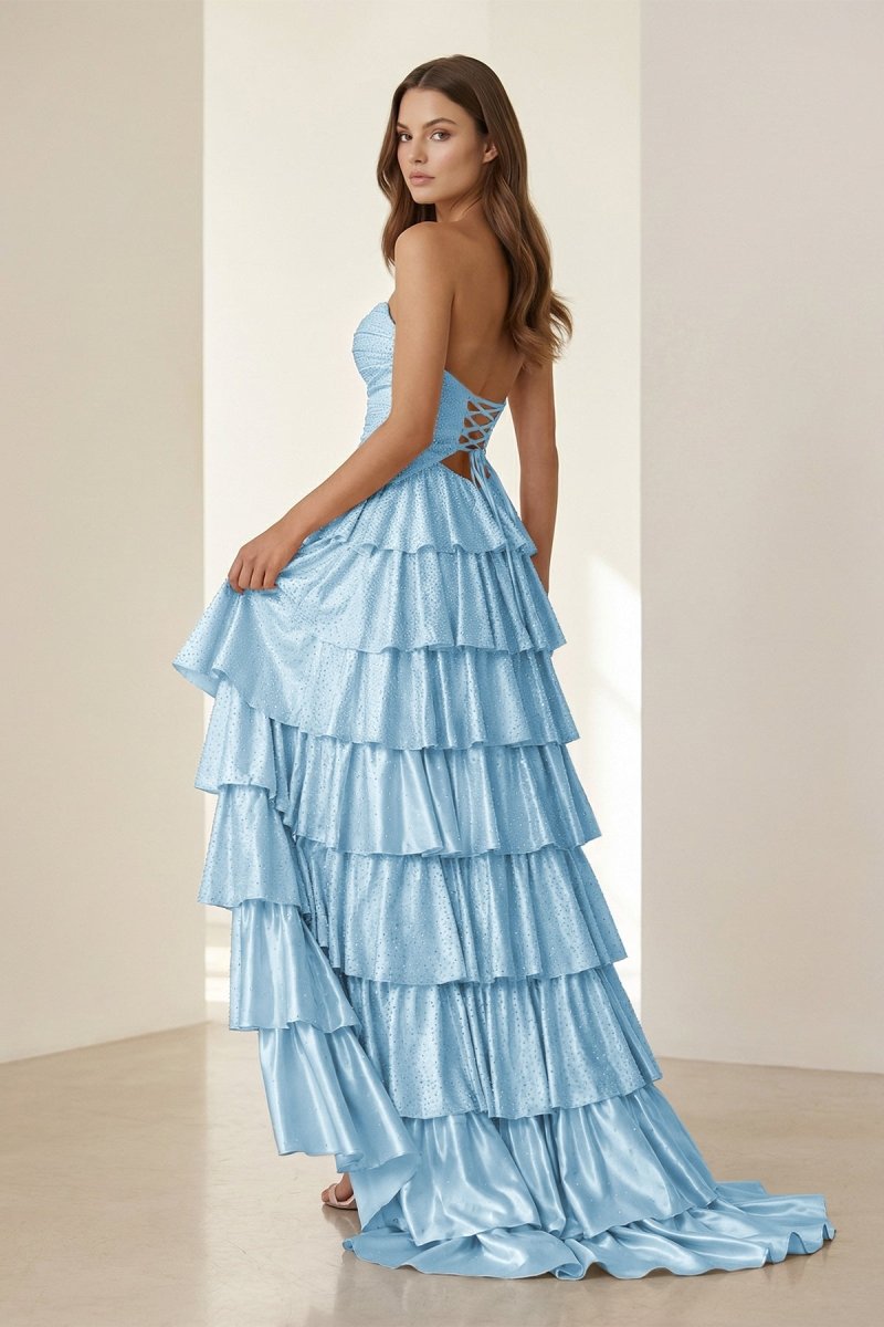 Tahlia | Yellow - Strapless A Line Satin Beaded Long Prom Dresses With Ruffles - KissProm
