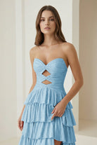 Tahlia | Sky Blue - Strapless A Line Satin Beaded Long Prom Dresses With Ruffles-KissProm