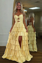Tahlia | Yellow - Strapless A Line Satin Beaded Long Prom Dresses With Ruffles - KissProm