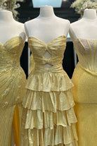 Tahlia | Yellow - Strapless A Line Satin Beaded Long Prom Dresses With Ruffles - KissProm