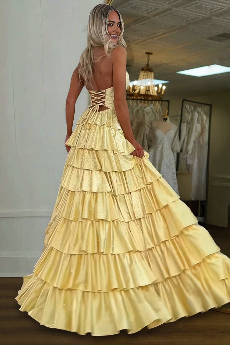 Tahlia | Yellow - Strapless A Line Satin Beaded Long Prom Dresses With Ruffles - KissProm