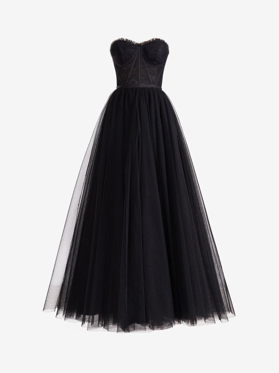 Talia Black A Line Sweetheart Corset Long Tulle Prom Dress with Slit