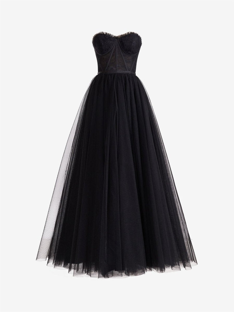 A-line Sweetheart Corset Tiered Dress With Slit Black