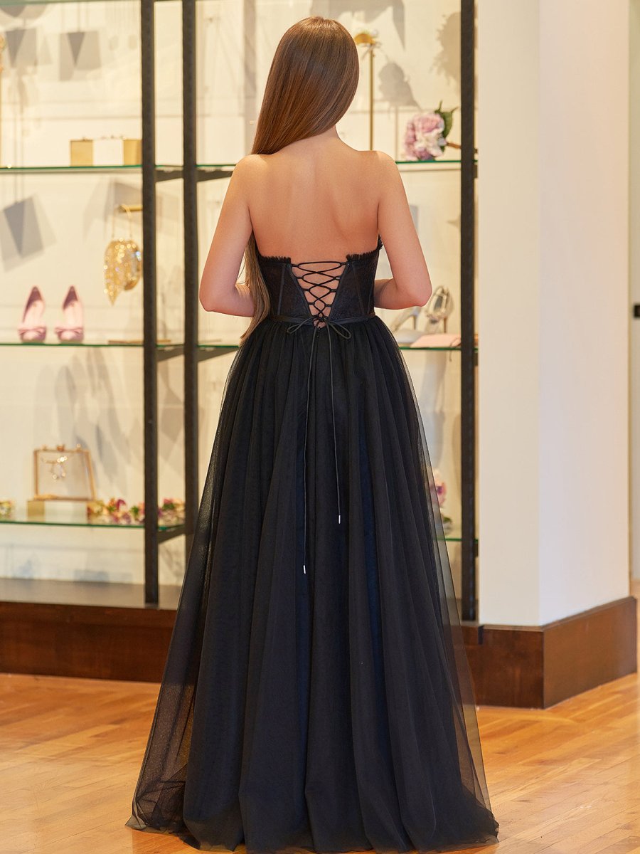 Talia Black A Line Sweetheart Corset Long Tulle Prom Dress with Slit Black / 14 Talia Black A Line Sweetheart Corset Long Tulle Prom Dress with Slit Black / 14
