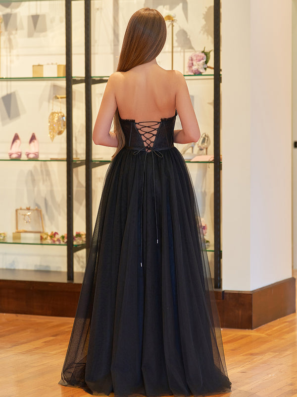 blue dress for baby girl Talia Black A Line Sweetheart Corset Long Tulle Prom Dress with Slit